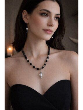 REIMAGINED Lava Rock Necklace Set Black Silver Heart Pendant Earrings 20” NWT